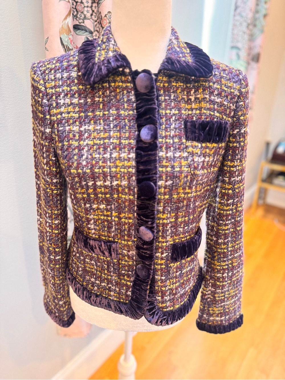 Vintage Purple Tweed Women’s Jacket with Velvet Trim, large covered buttons, tag